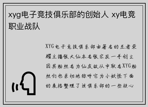 xyg电子竞技俱乐部的创始人 xy电竞职业战队